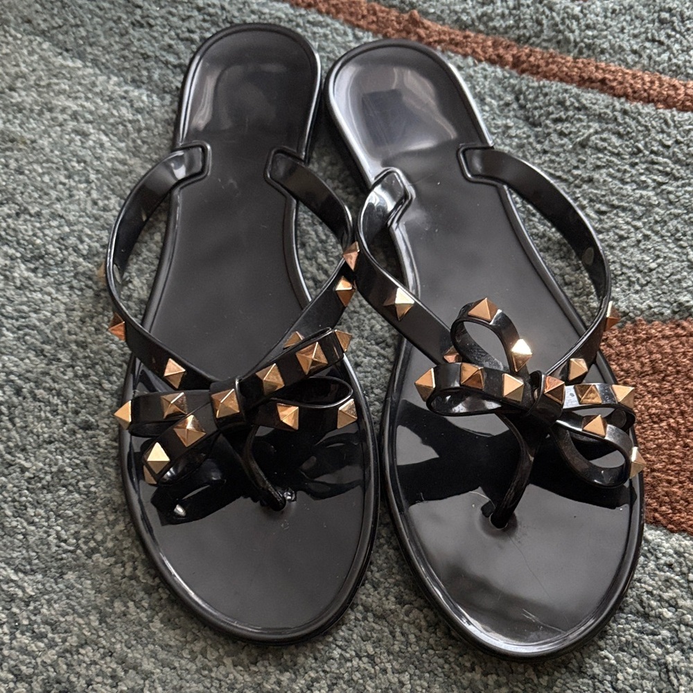 Valentino Black Sandals with Gold Studded Bow